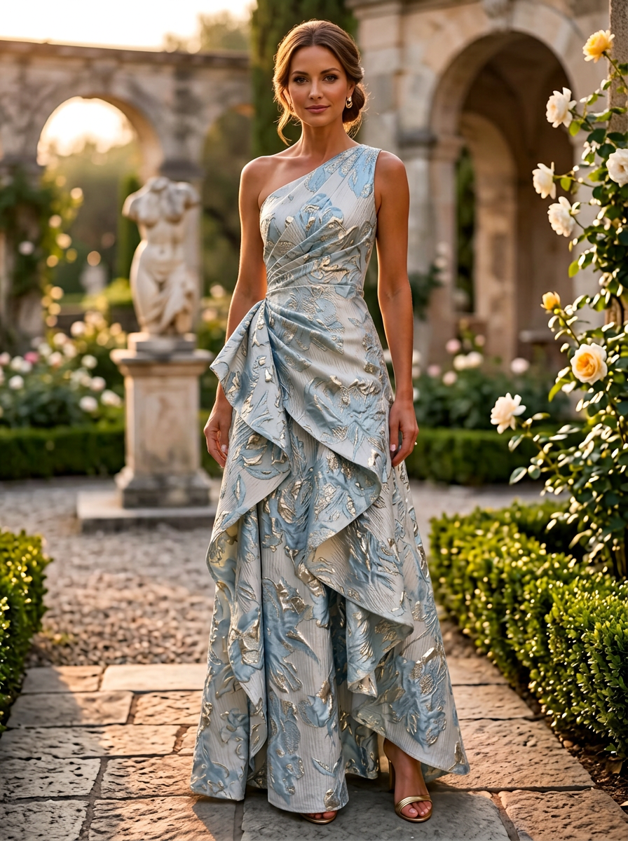 Floral Print A-Line/Princess One Shoulder Floor-Length Evening Dresses with Ruffles