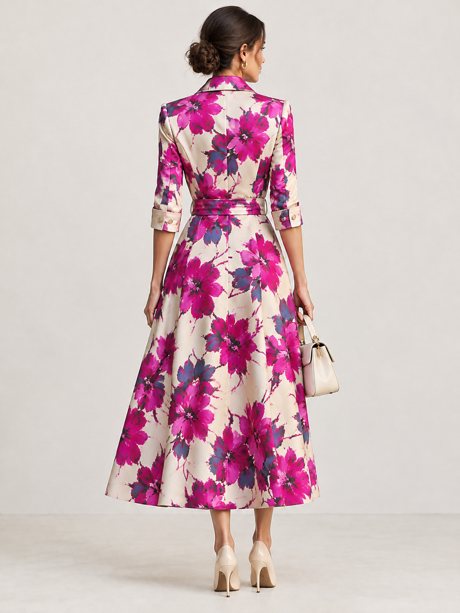 Ivory Notch Collar 3/4 Sleeve Floral Print Midi Dress