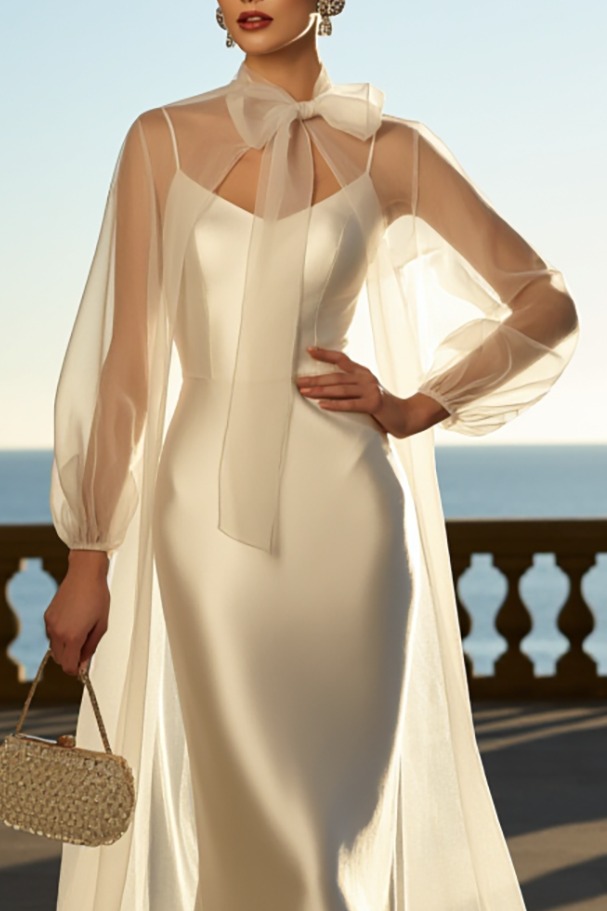 White Satin Wedding Dress Spaghetti Straps Maxi Drses with Cape