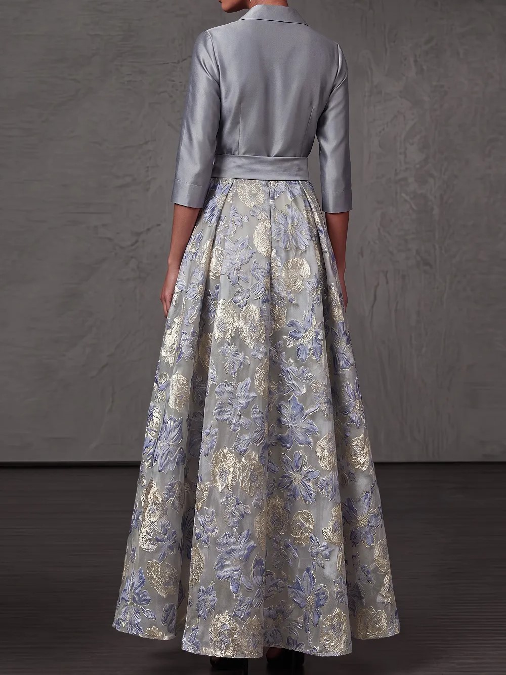 Dusty Blue A-Line Point Collar Embroidered Floral Dresses with Bow