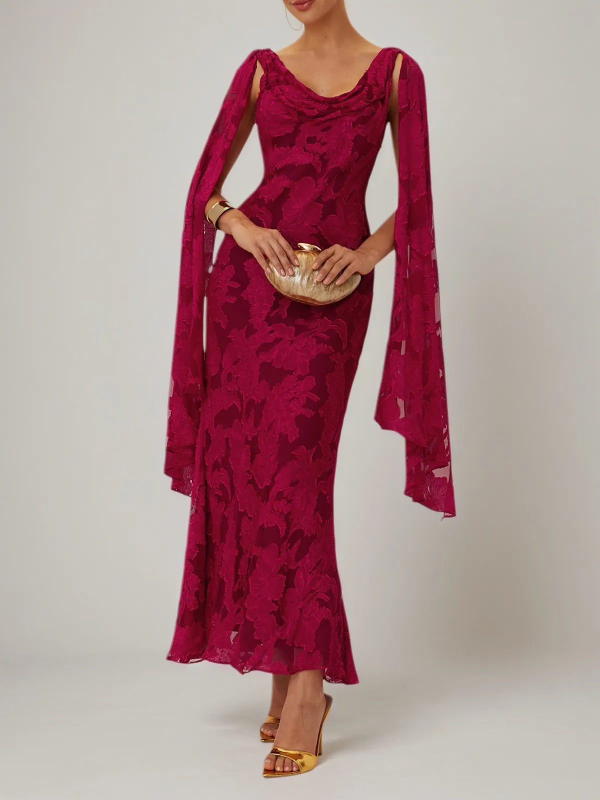 Red Jacquard Chiffon Cowl Neck Sleeveless Sheath Maxi Dress