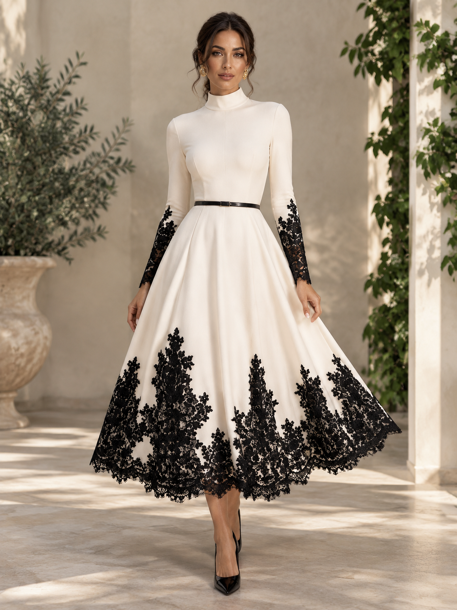 Ivory Mandarin Collar Long Sleeve Lace A-Line Midi Dress