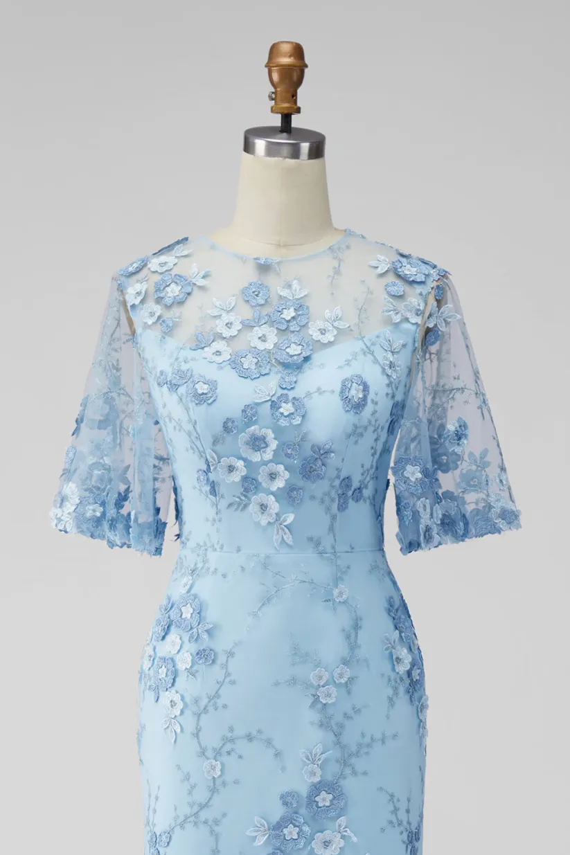 Light Blue Lace Embroidered 3/4 Sleeve Mermaid Maxi Dress