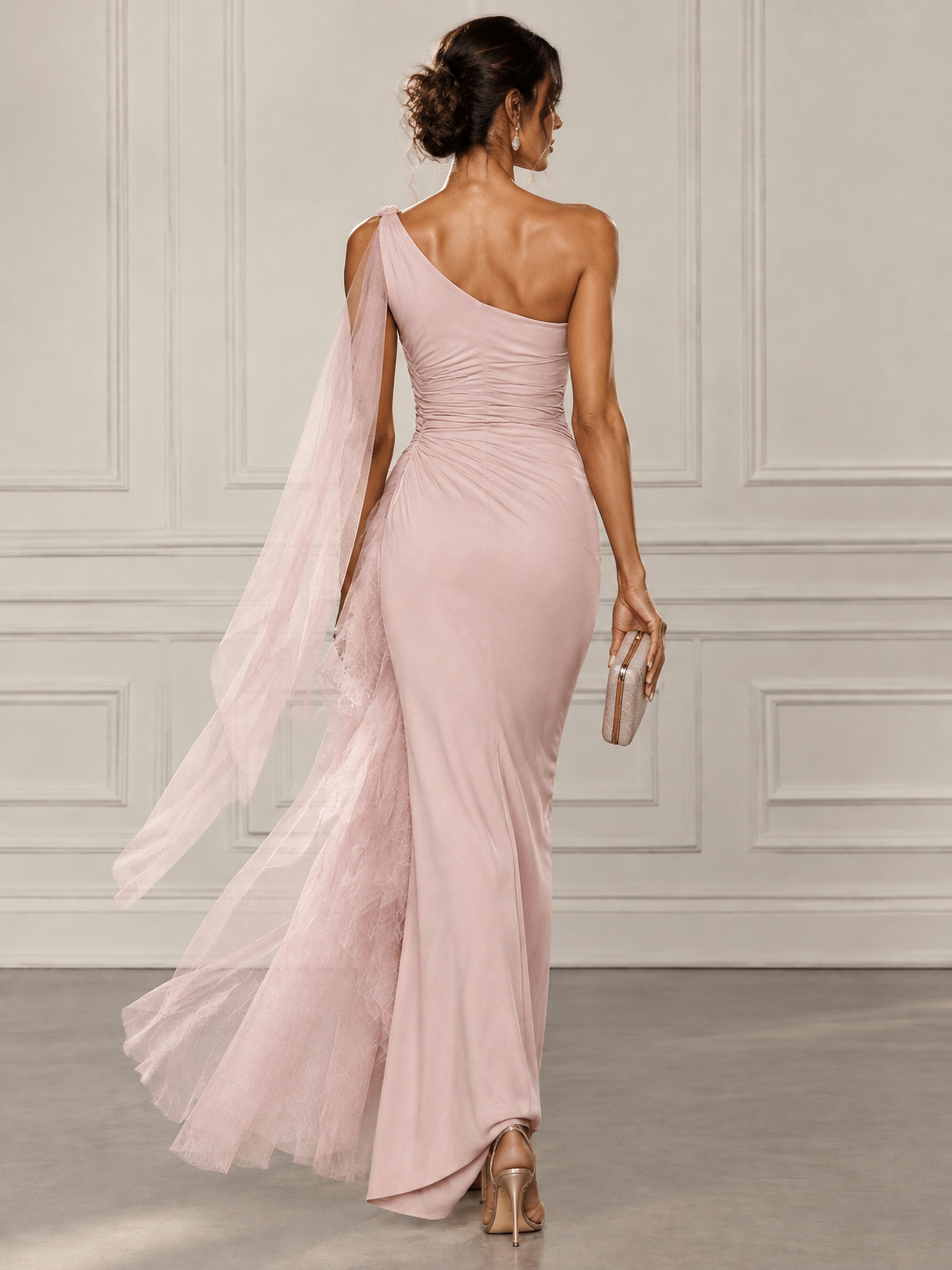 Blush Pink One Shoulder Ruched Side Slit Chiffon Drape Maxi Dress