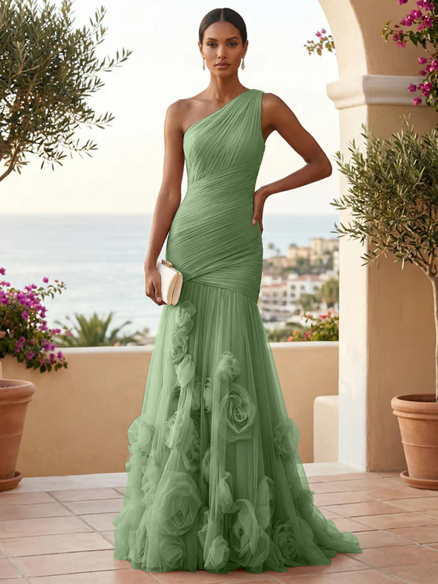  Sweetheart Tulle Pleat One Shoulder Mermaid Evening Dresses Gown with 3D Flower
