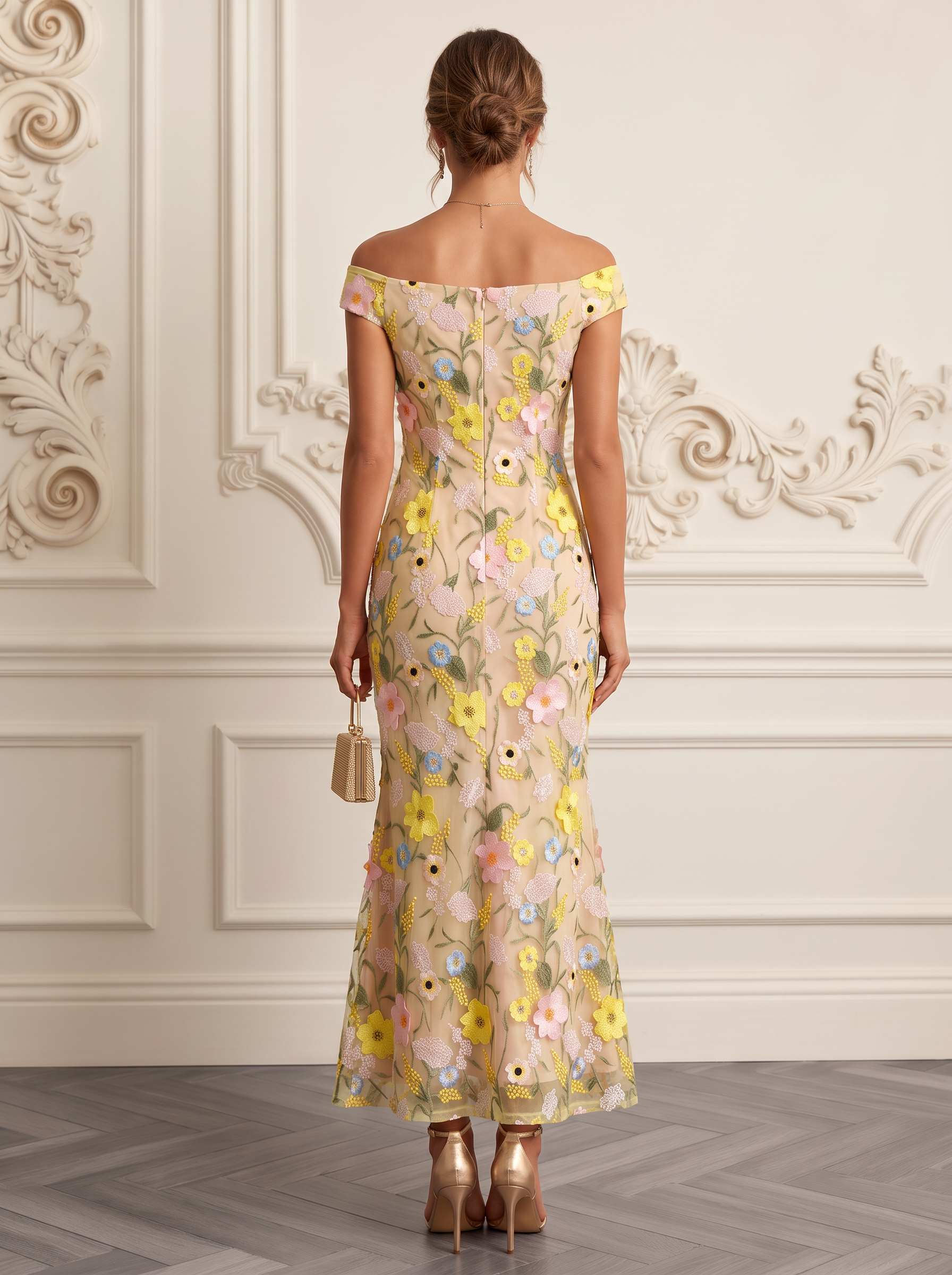 Champagne Off Shoulder Floral Embroidered Mermaid Maxi Dress