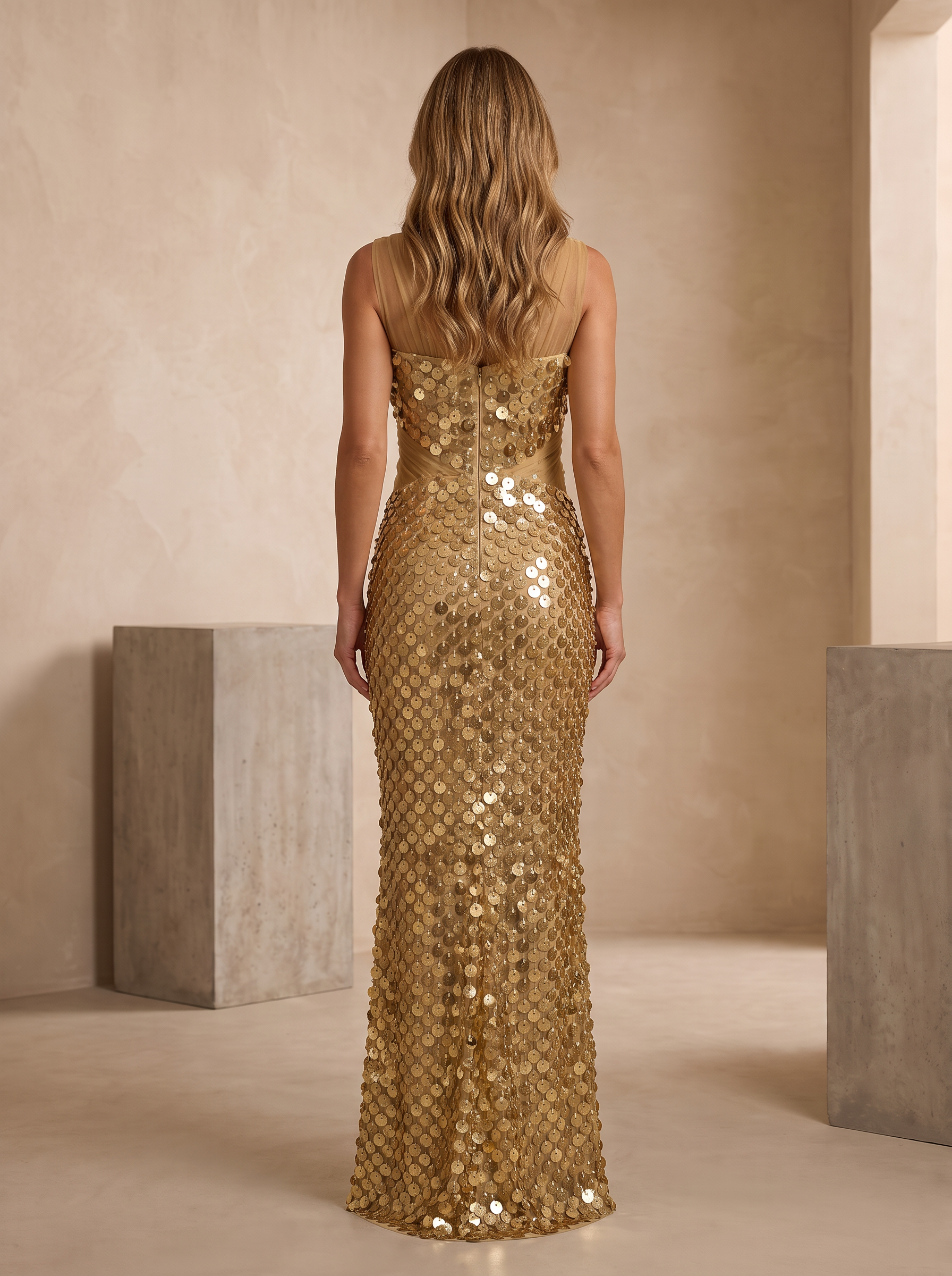 Gold Sequin V Neck Sleeveless Bow Mermaid Maxi Dress