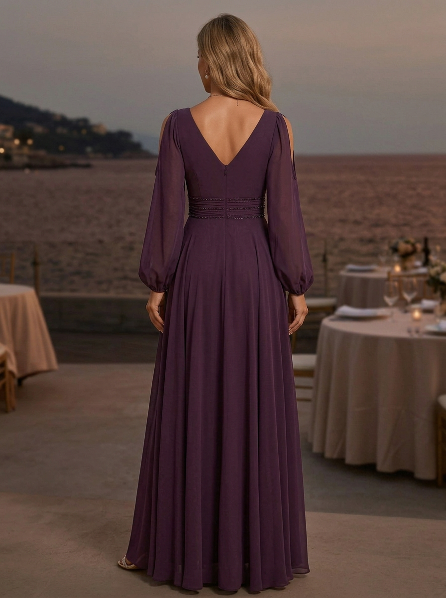 Deep Purple Chiffon V-Neck Off-Shoulder Maxi Dress
