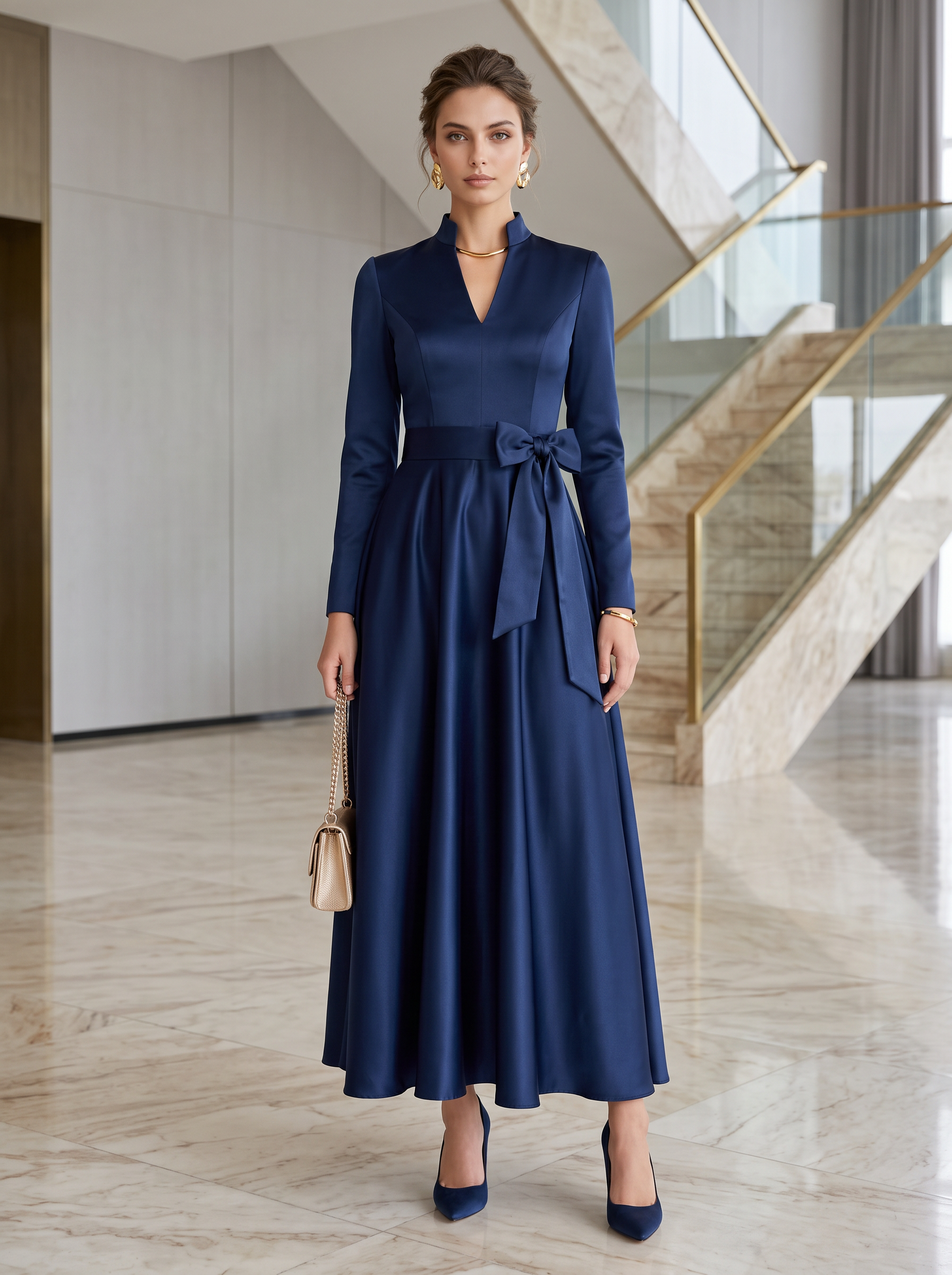 Navy Satin High Neck Long Sleeve Bow Belt A-Line Maxi Dress