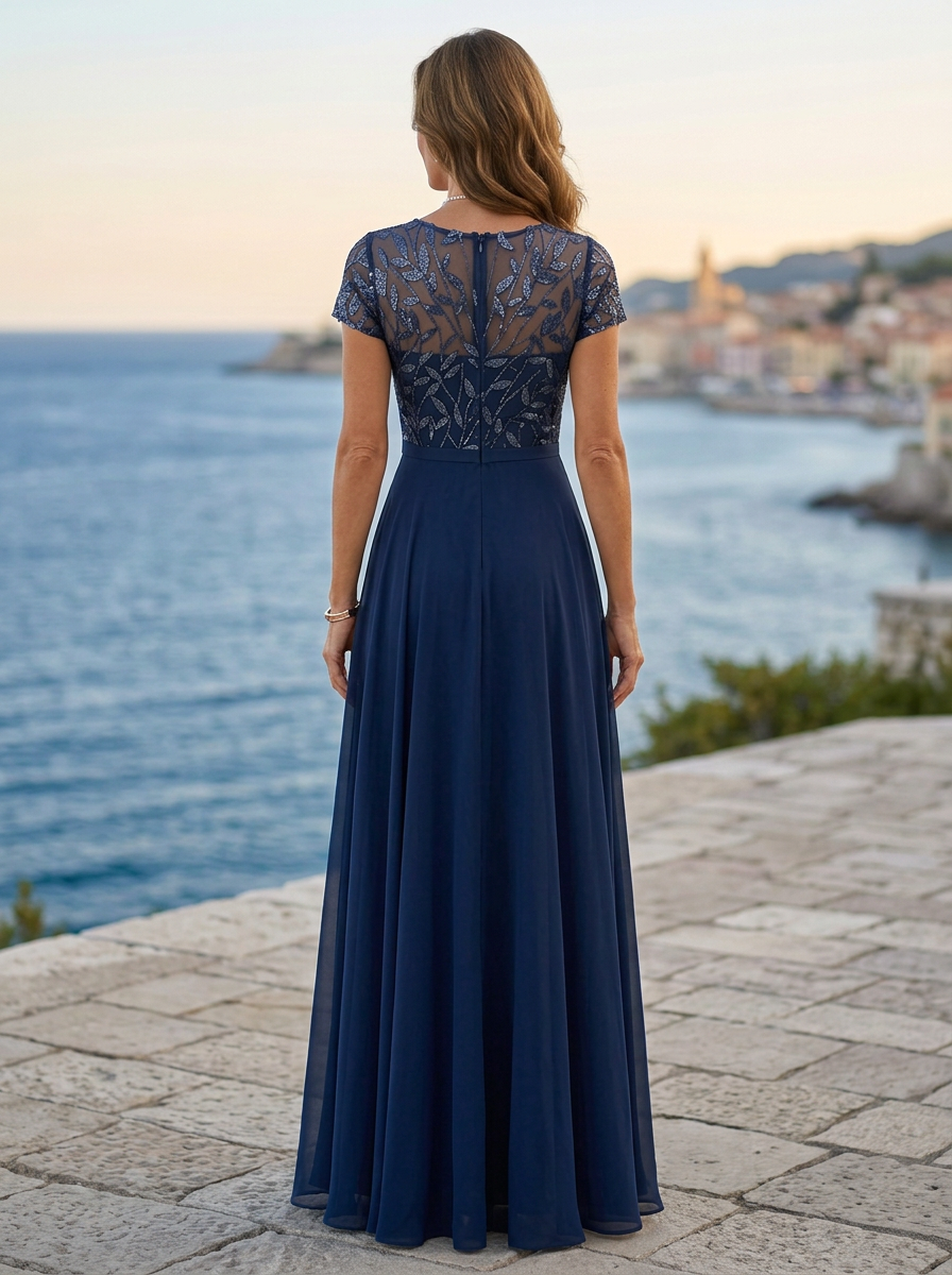 Navy Blue Round Neckline Lace Chiffon Maxi Dress