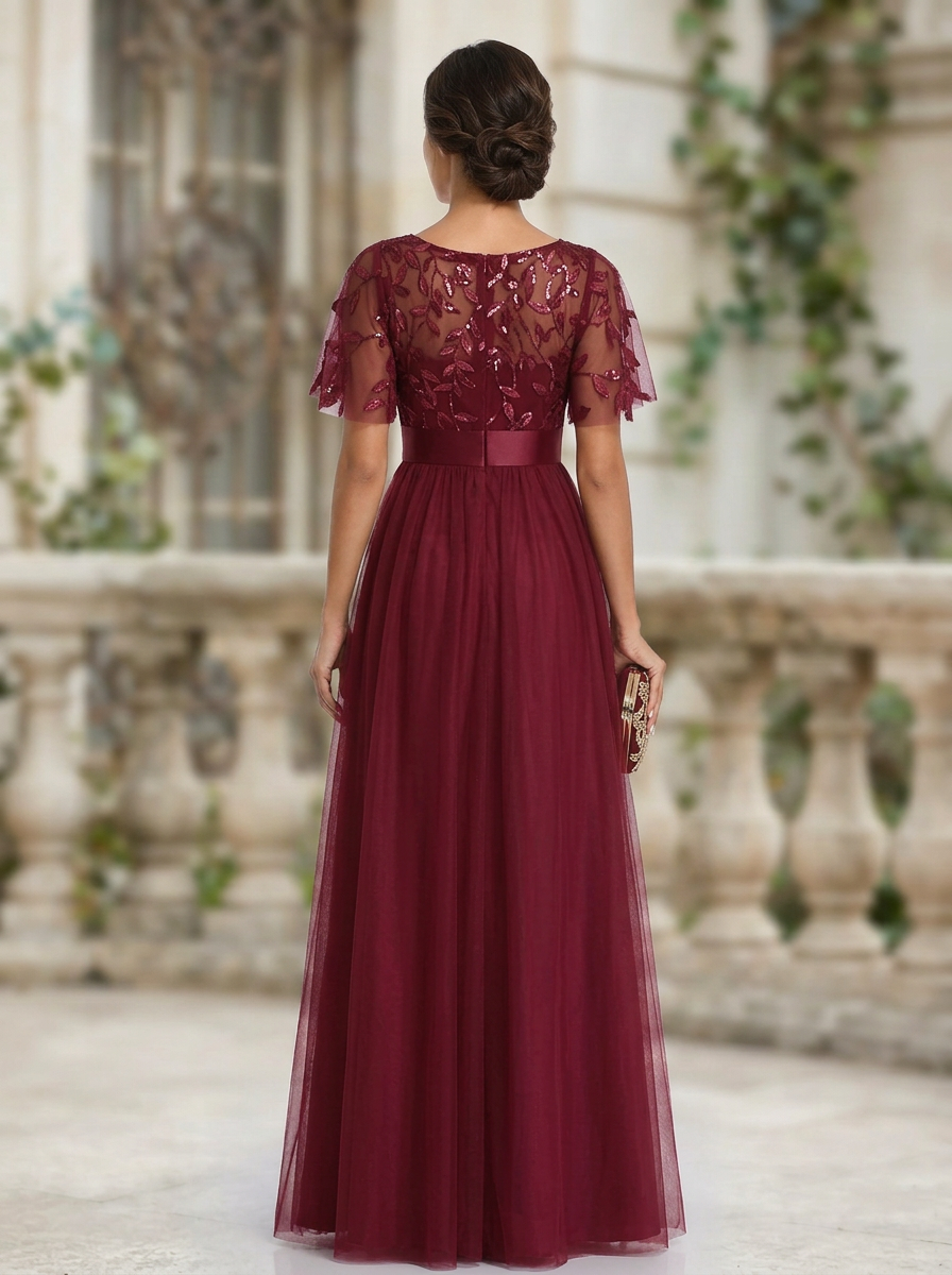 Burgundy Round Neck Tulle A-Line Maxi Dress