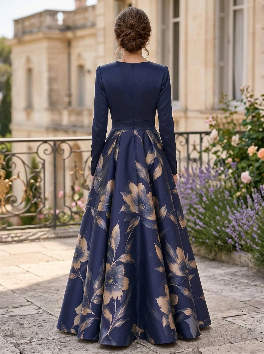 Navy Blue Round Neck Long Sleeve Floral Print Satin Maxi Dress