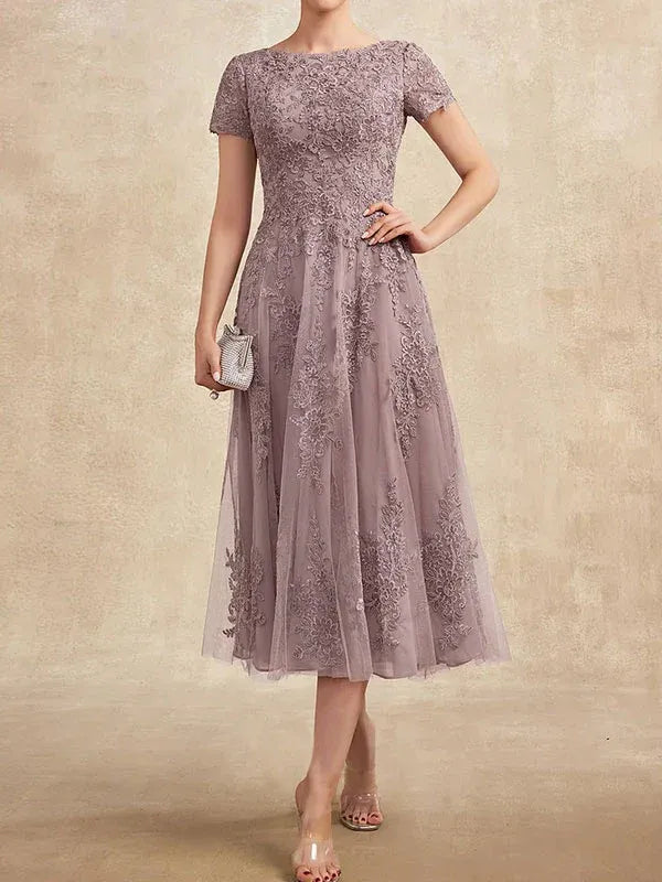 A-line Scoop Tea-Length Tulle Lace Mother of the Bride Dress