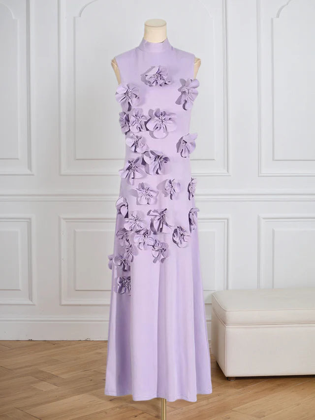A Line High Neck Sleeveless Floor Length Stretch Crepe Dress With 3D Flowers