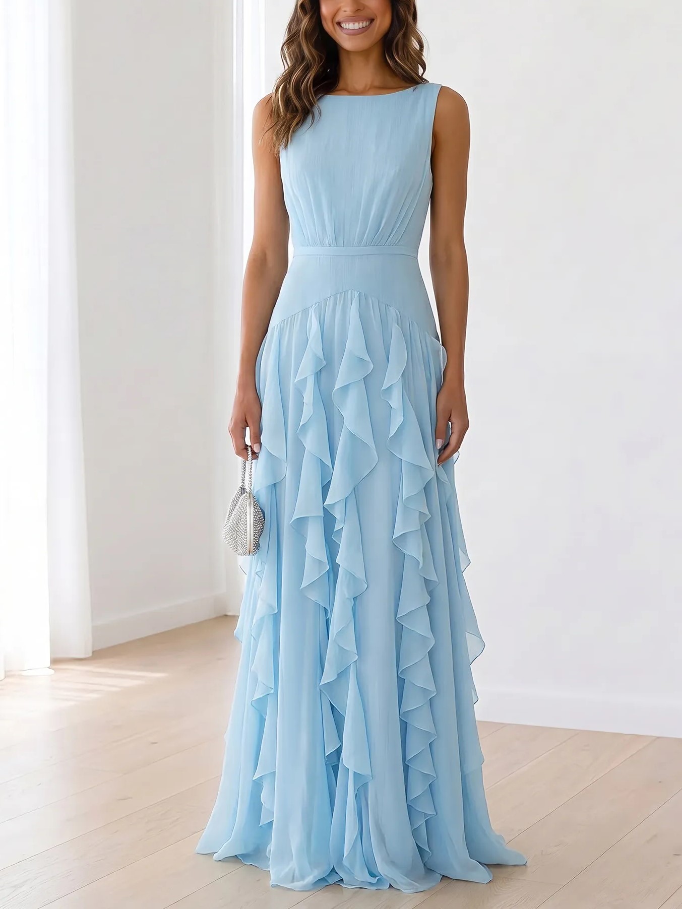Sleeveless Tiered Chiffon Maxi Evening Gown with Ruched Bodice