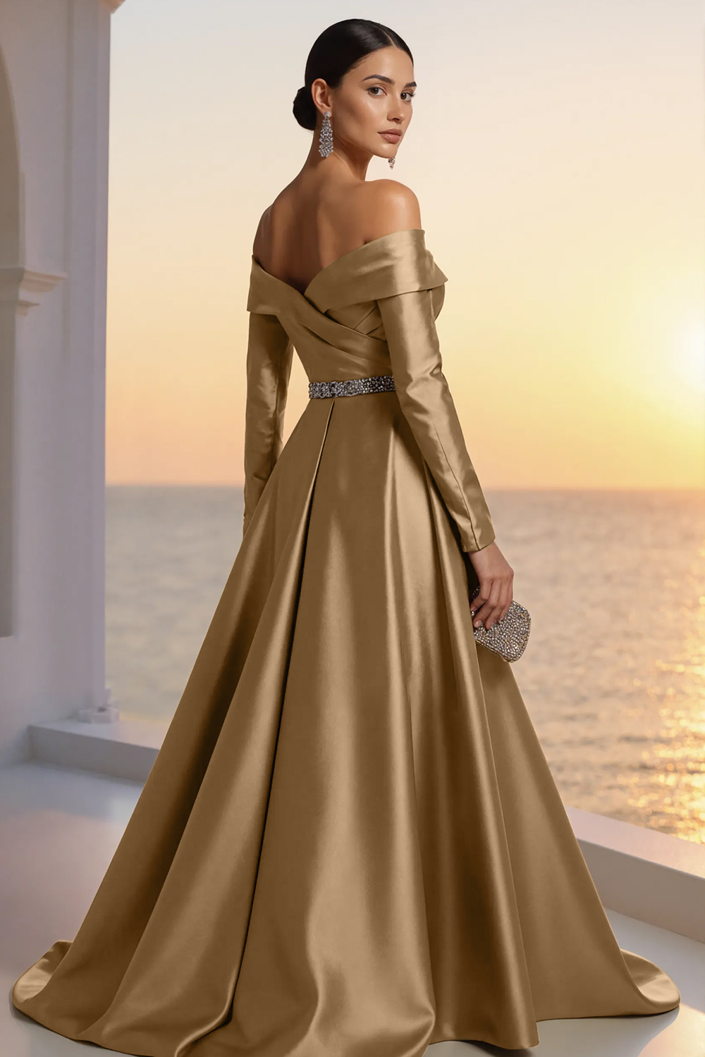 Formal Gold Satin Dress Off The Shoulder Long Sleeve Maxi Gown