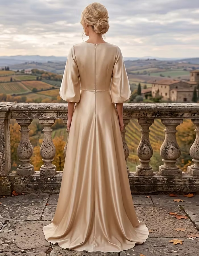 Champagne Boat Neck Puff Sleeve Satin Floor‑Length Maxi Dress