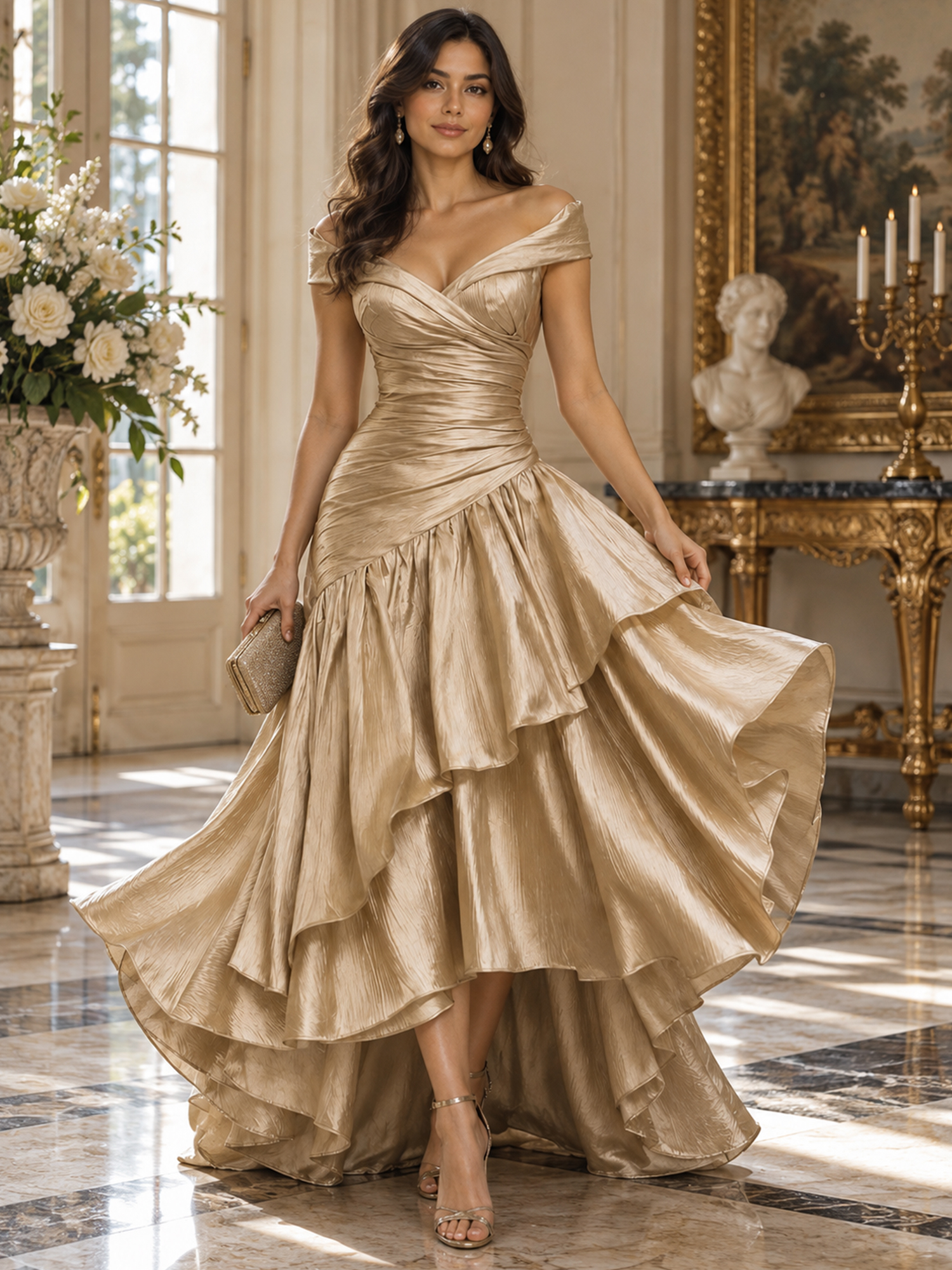Champagne Gold Off-the-Shoulder V-Neck Ruched Tiered Ruffle A-Line High-Low Maxi Dress