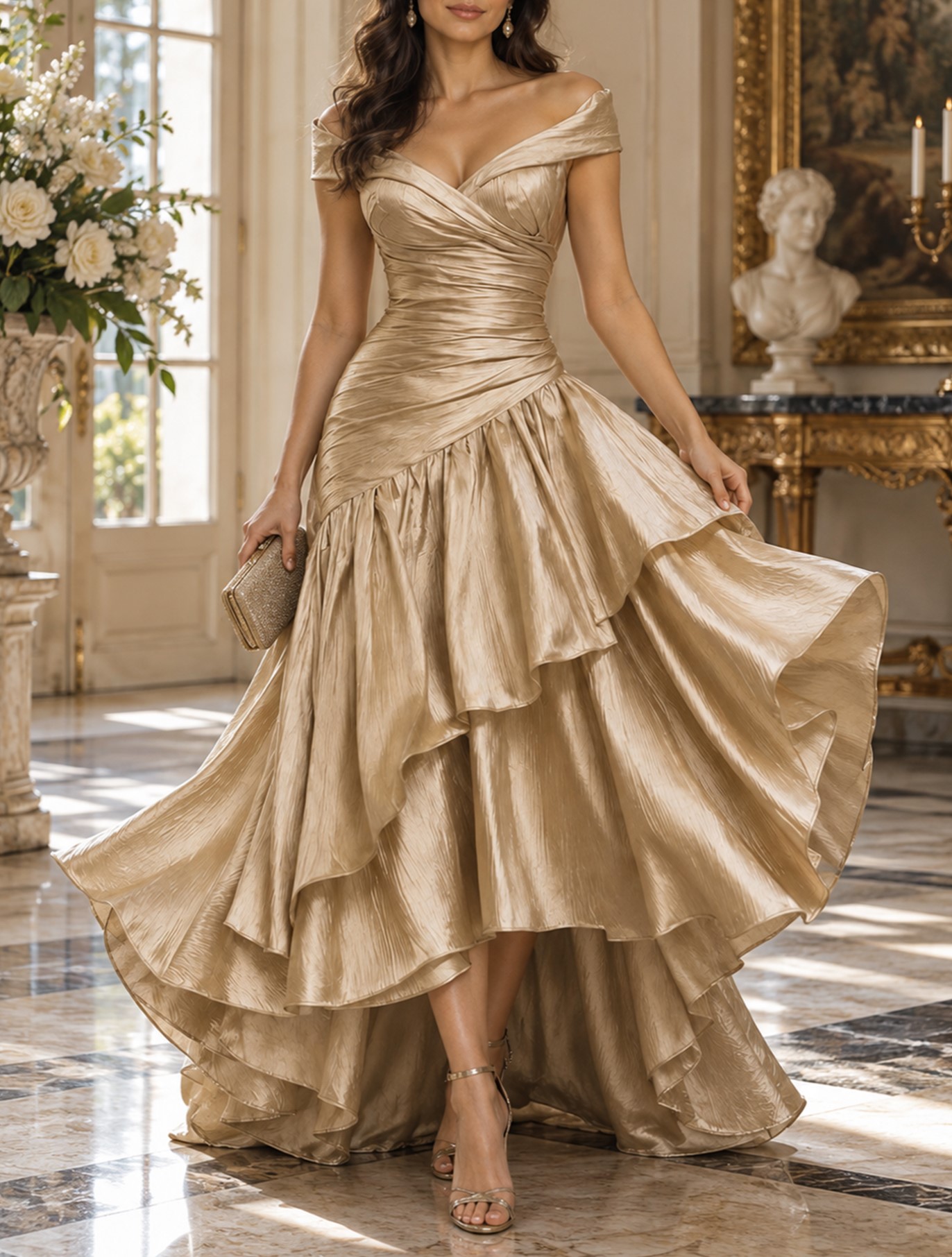 Champagne Gold Off-the-Shoulder V-Neck Ruched Tiered Ruffle A-Line High-Low Maxi Dress