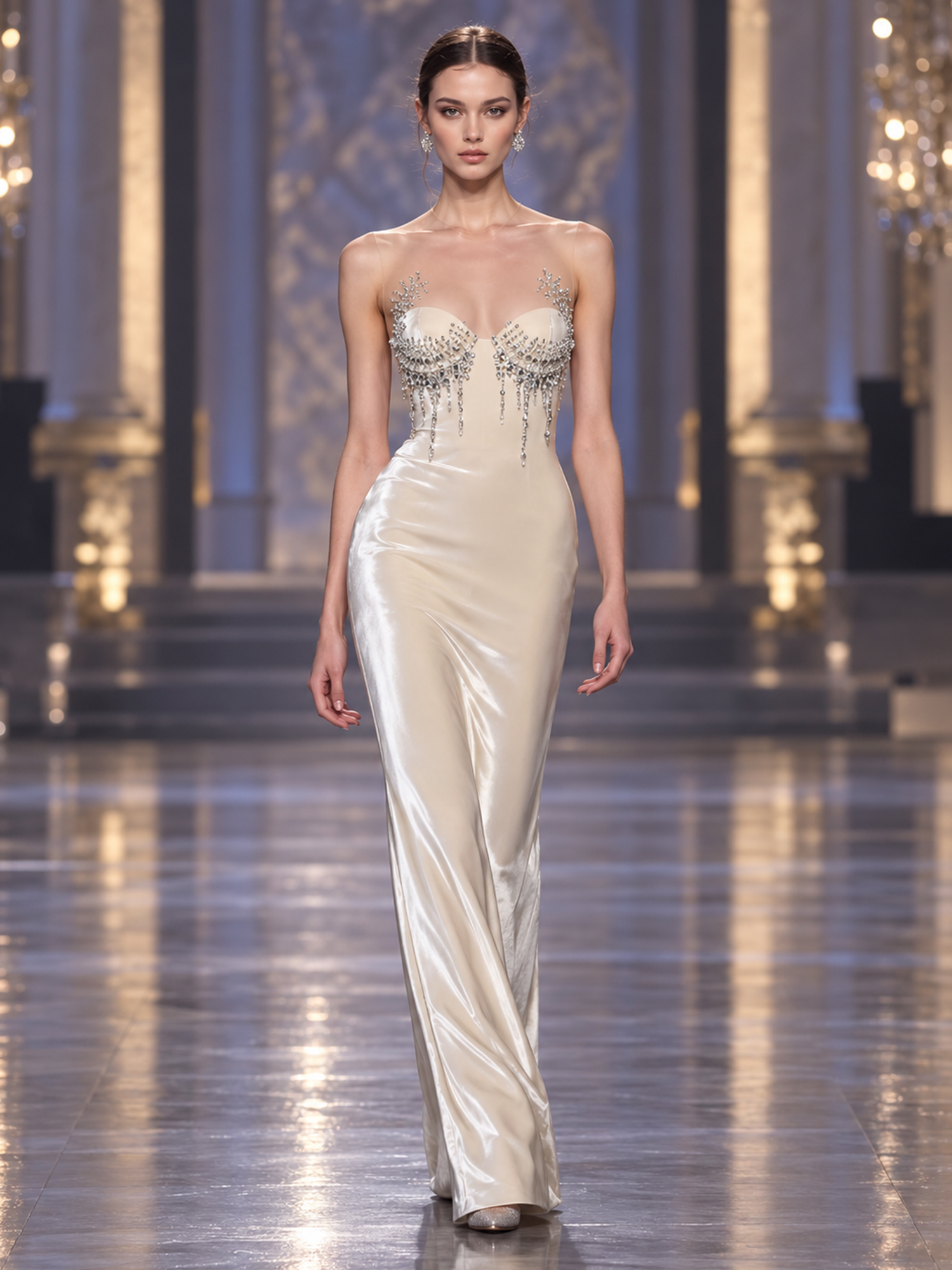 Ivory Satin Beaded Fringe Mermaid Maxi Dress