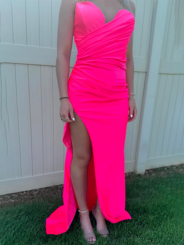 Hot Pink Mermaid Sweetheart Strapless Long Prom Dress with Slit