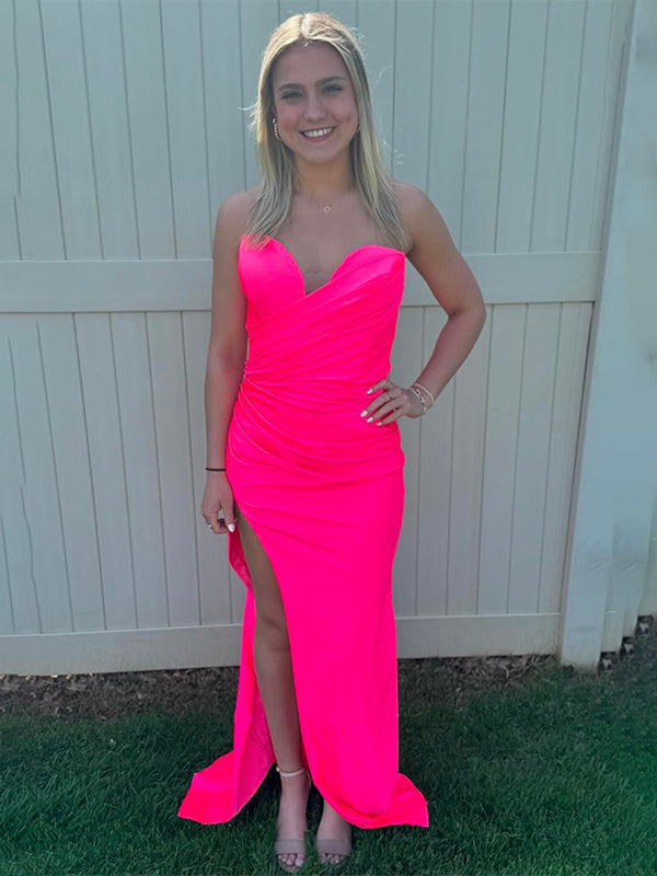 Hot Pink Mermaid Sweetheart Strapless Long Prom Dress with Slit