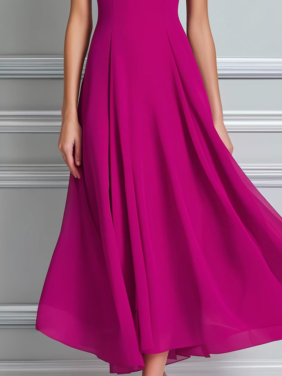 Fuchsia Draped Cowl Neck Cap Sleeve Flowy Chiffon Midi Dress