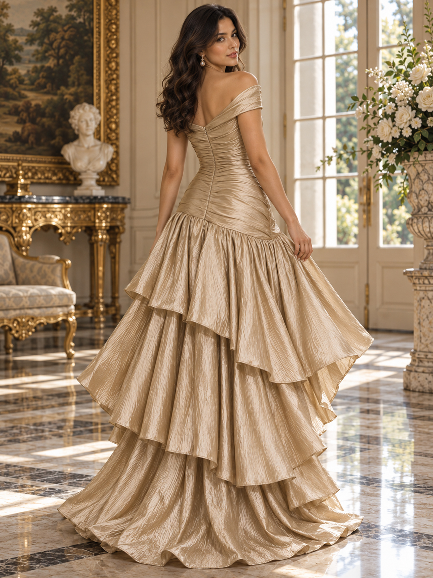 Champagne Gold Off-the-Shoulder V-Neck Ruched Tiered Ruffle A-Line High-Low Maxi Dress
