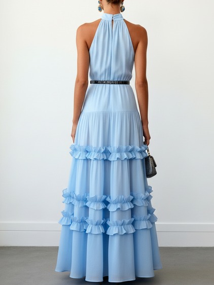 Blue Ruffled Chiffon Halter Sleeveless A-Line Maxi Dress