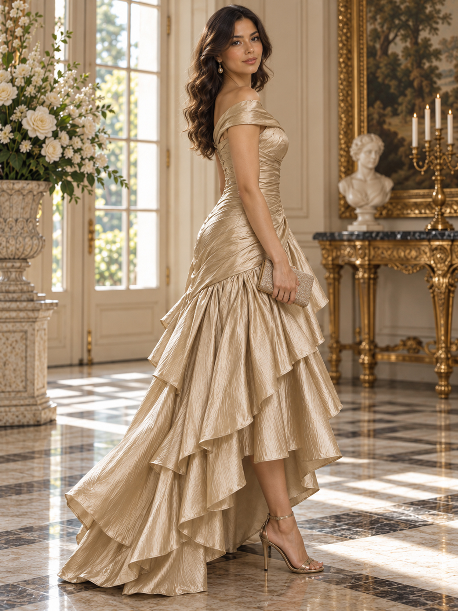 Champagne Gold Off-the-Shoulder V-Neck Ruched Tiered Ruffle A-Line High-Low Maxi Dress