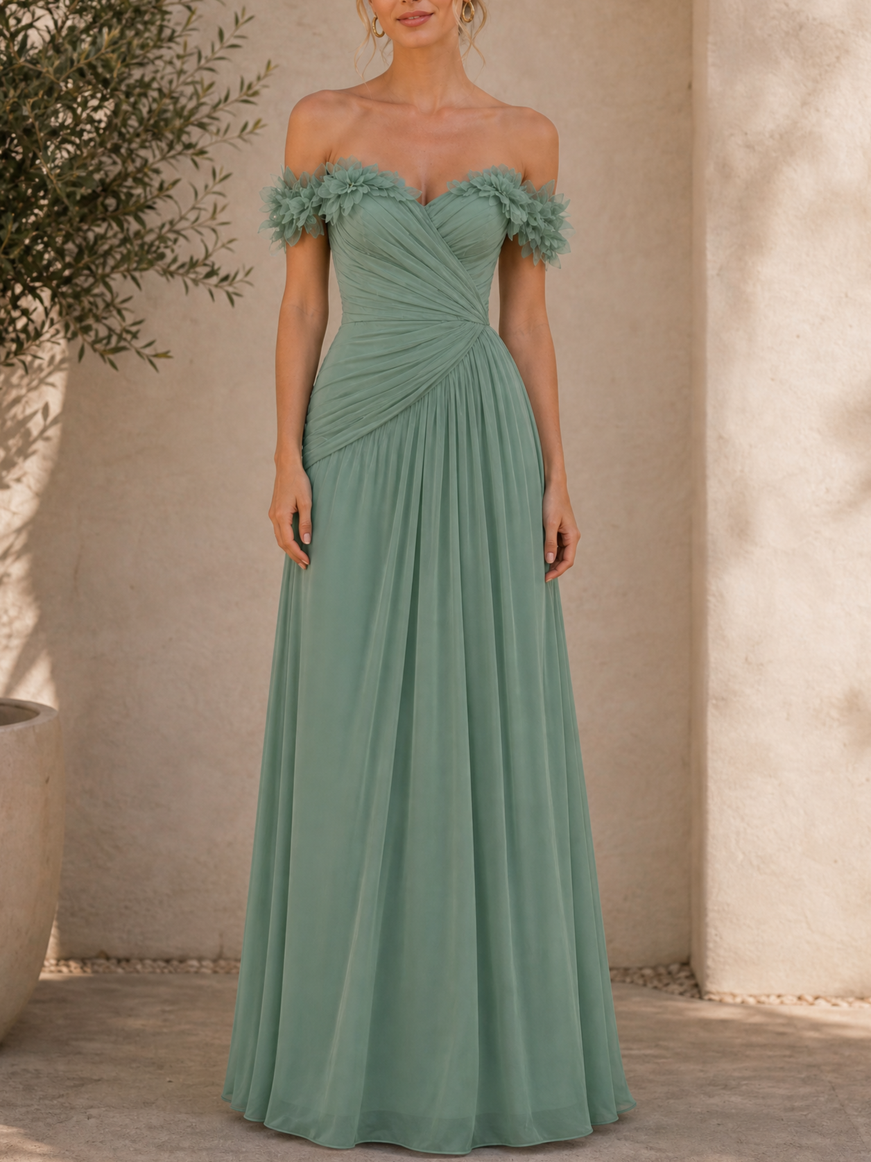 Sage Green Off-the-Shoulder Ruched Chiffon Floor-Length Gown Dress