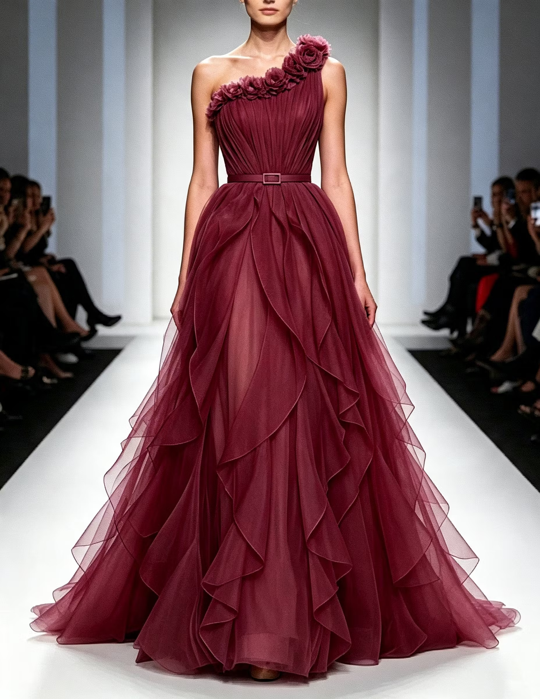 One‑Shoulder 3D Floral Tulle Ruffled Layers Waist Belt A‑Line Maxi Dress