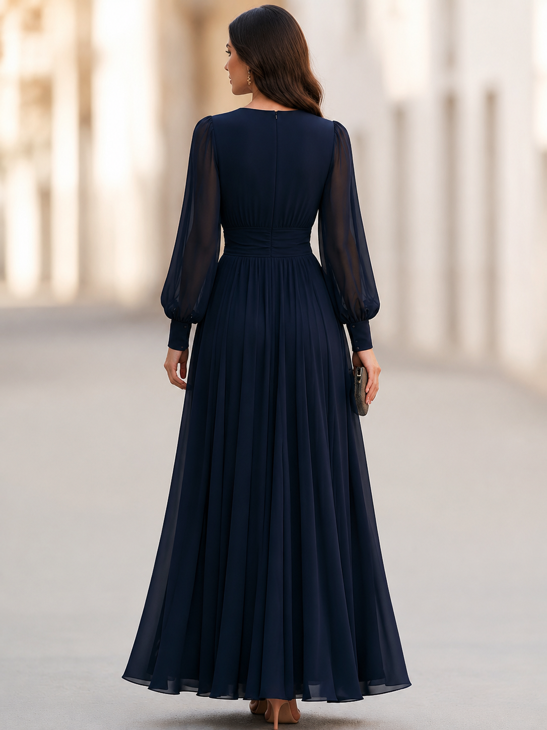 Navy Blue Chiffon Maxi Dress With Fitted Waist And Slit