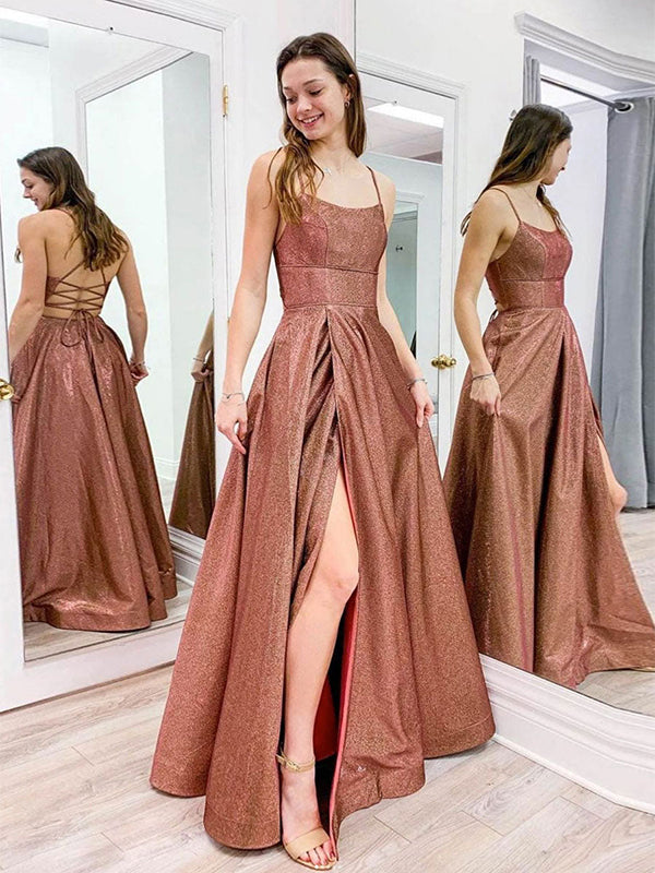 Brown A Line Spaghetti Straps Sequin Long Prom Dress with Slit