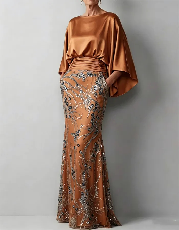 Champagne Cape Sleeve Ruched Sequin Mermaid Dress