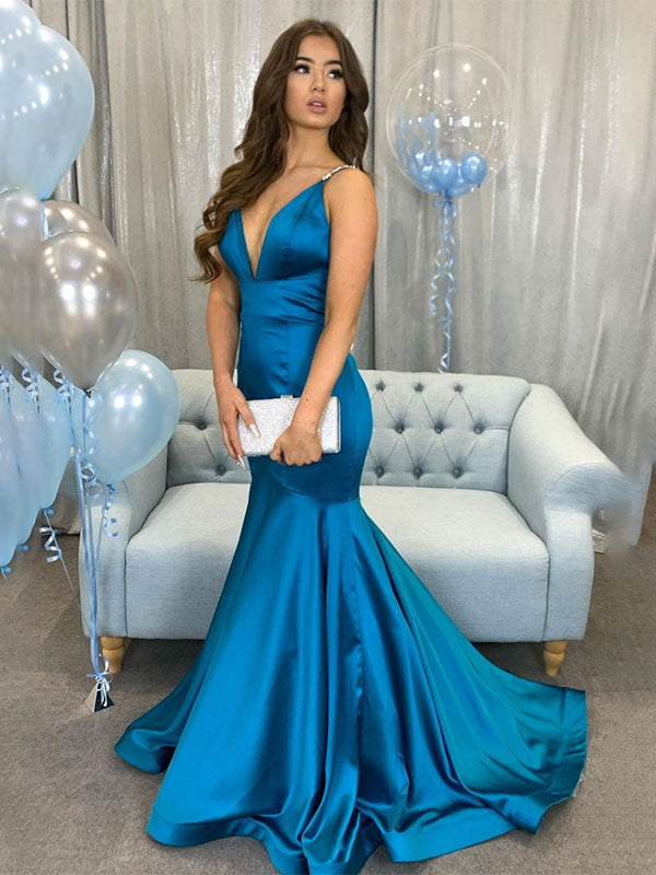 Peacock Blue Mermaid V-Neck Spaghetti Straps Satin Long Prom Dress