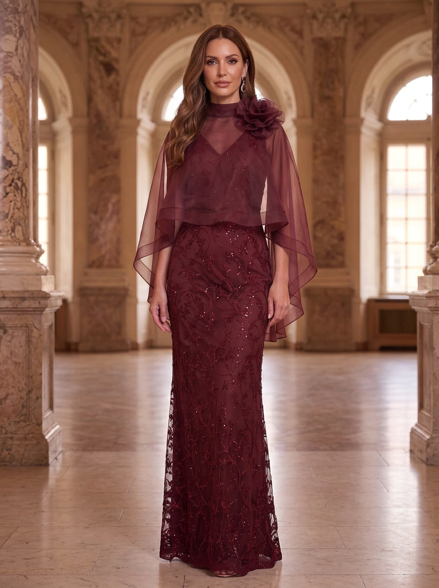 Burgundy High Neck Sleeveless Sequin Embellished Organza Cape Mermaid Maxi Dress