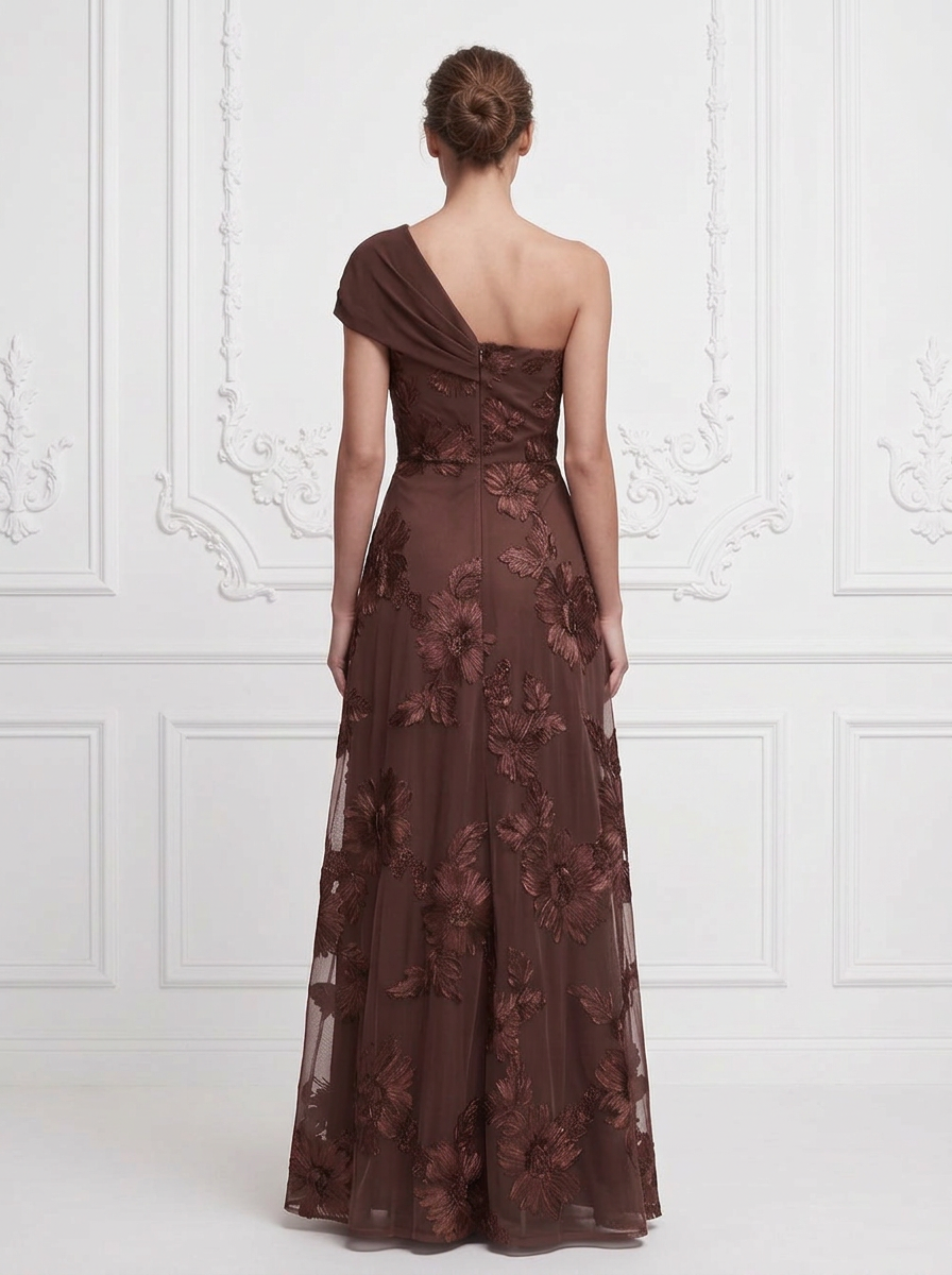 Coffee One-Shoulder Floral Appliqué A-Line Maxi Dress
