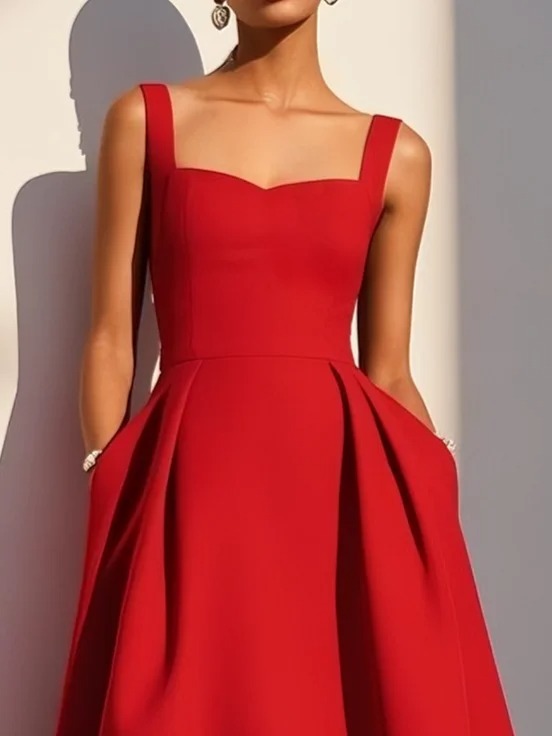 Red Pocket Stitching Classic Sweetheart Neckline Sleeveless A-Line Midi Dress