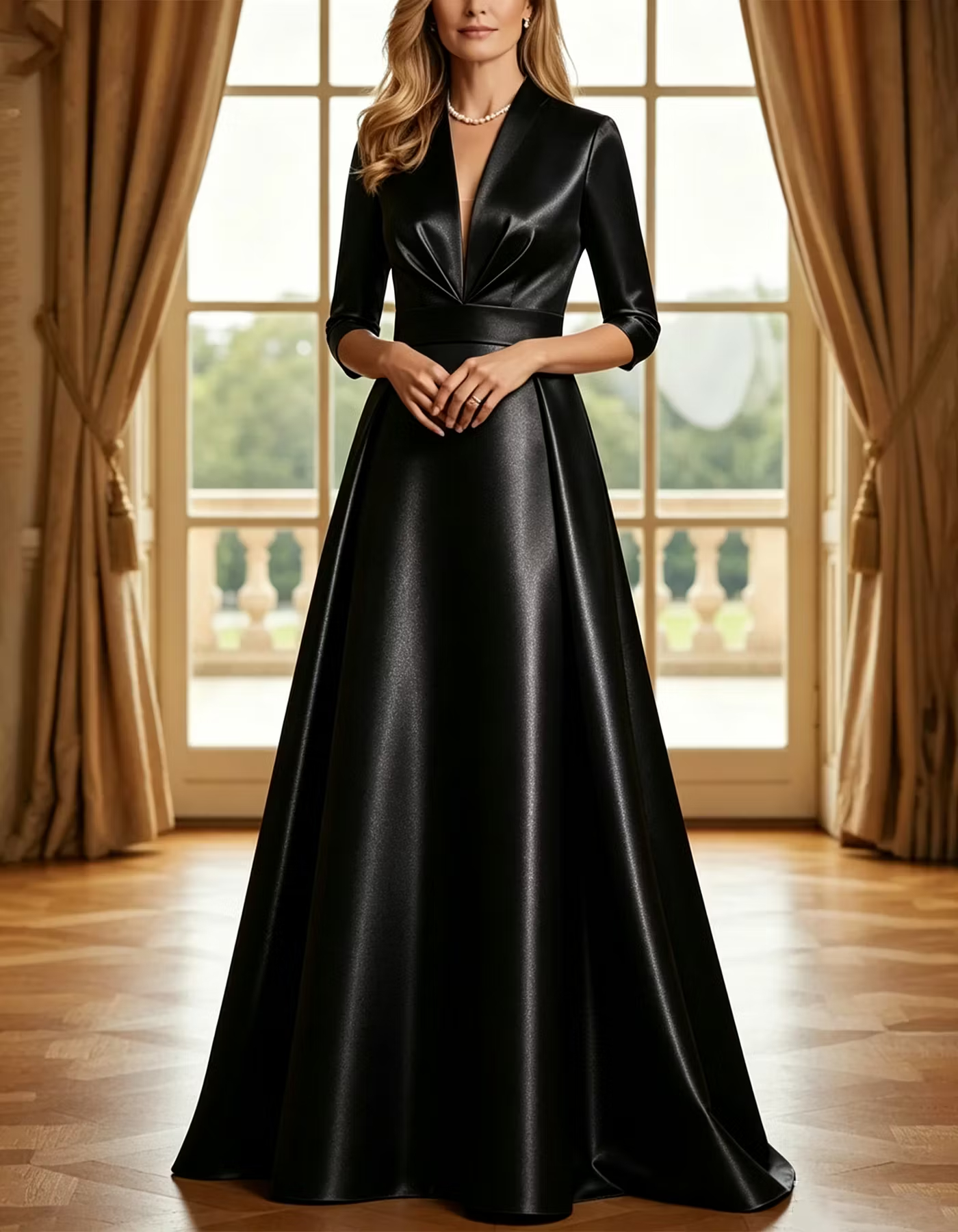 Light Blue Satin Deep V Elbow Sleeve Maxi Dress