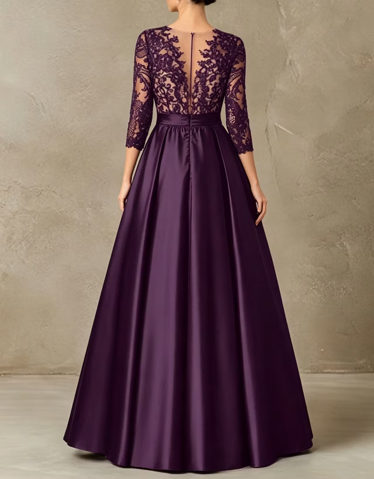 Deep V‑Neck Illusion Lace Embroidered Satin 3/4 Sleeve A‑Line Maxi Dress