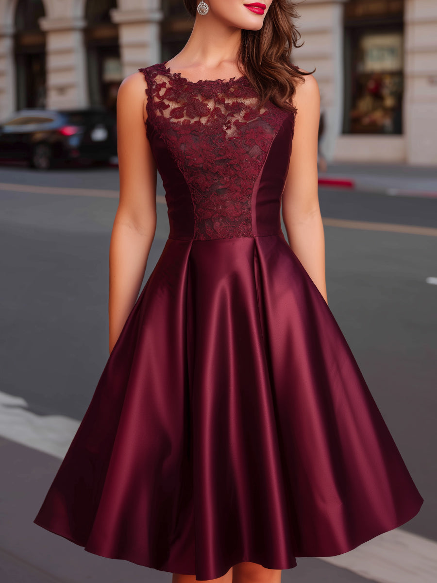 Lace Bodice Satin A-Line Midi Dress