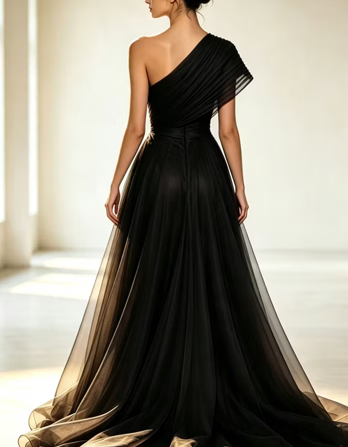Black Asymmetrical One-shoulder Pleats Maxi Dress