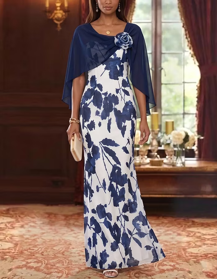 Navy Blue Floral Print Chiffon 3D Flower Maxi Dress