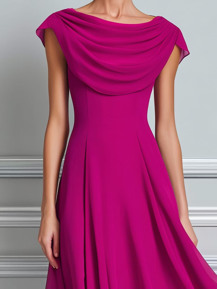Fuchsia Draped Cowl Neck Cap Sleeve Flowy Chiffon Midi Dress