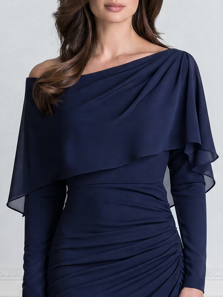 Navy Blue Asymmetric Chiffon Cape Overlay Ruched Midi Dress