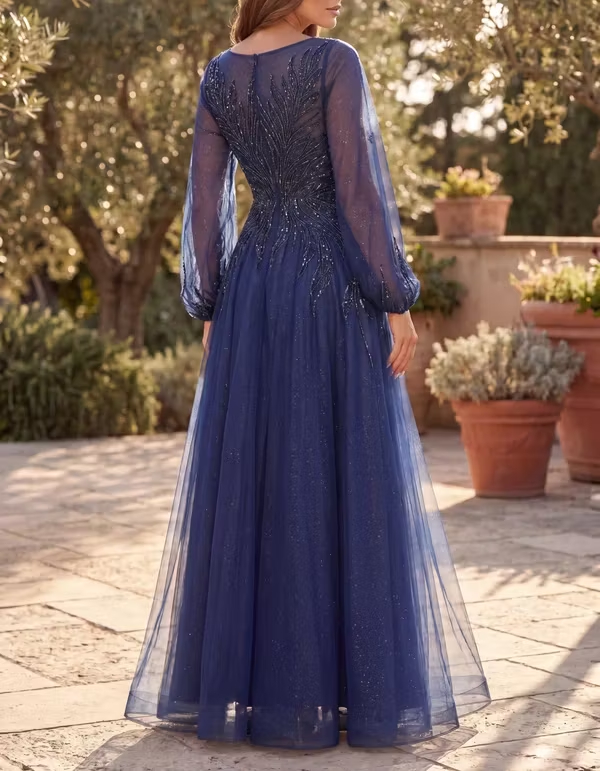 V‑Neck Sparkly Tulle Long Puff Sleeve Sequin Embroidery A‑Line Evening Maxi Gress