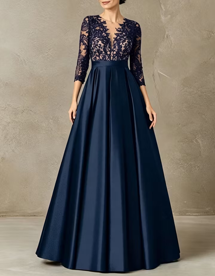 Deep V‑Neck Illusion Lace Embroidered Satin 3/4 Sleeve A‑Line Maxi Dress