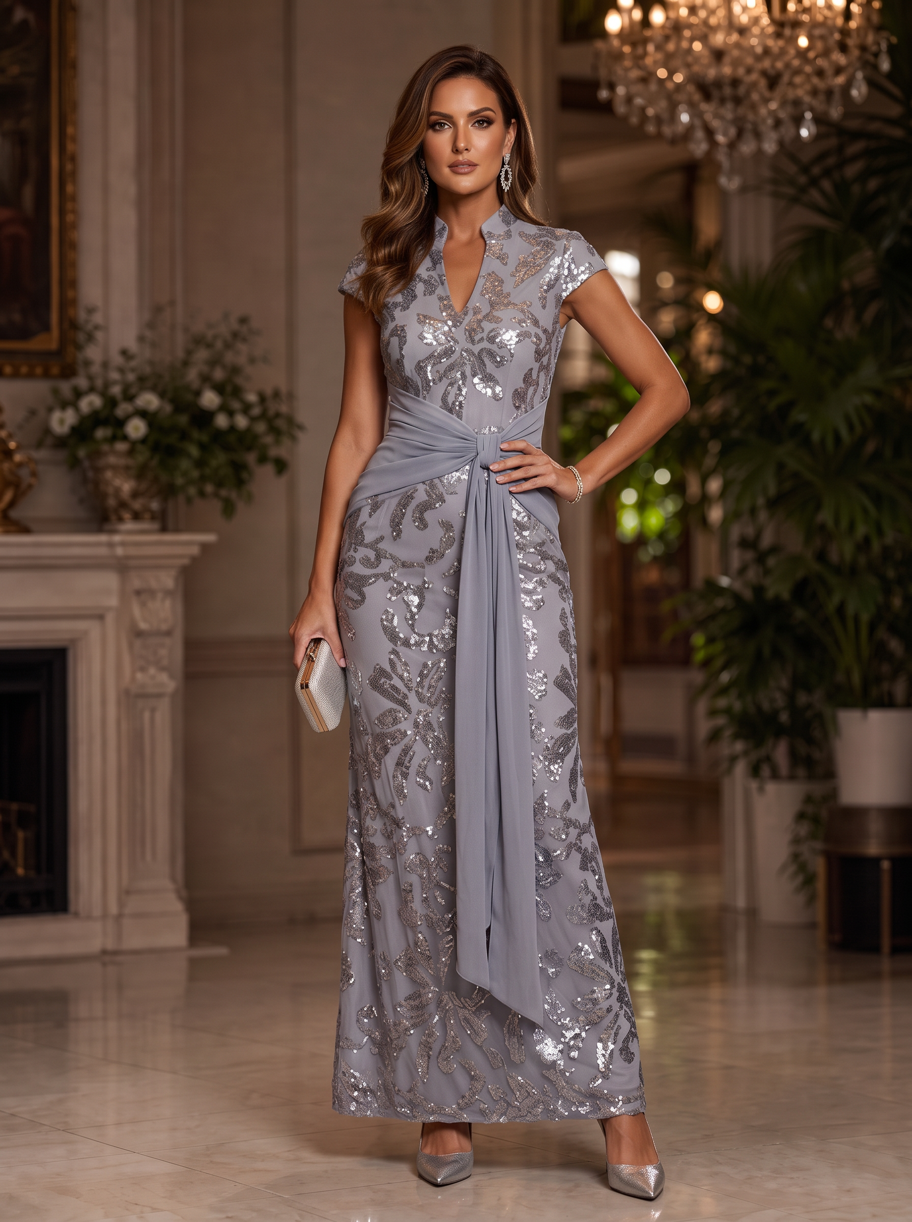 Sheath V-Neck Sequin Short Sleeve Maxi  Dresses with Ruched Waist & Side Sash