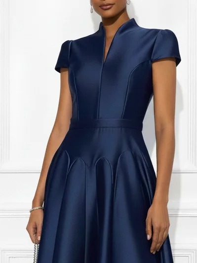 Navy Blue Satin Stand Collar Short Sleeve A-Line Maxi Dress
